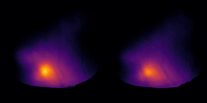 Die Weitfeld-Kalzium-Bildgebung zeigt, wie der hintere Teil der Inselrinde der Maus auf kalte (links) und warme (rechts) Temperaturreize an der Vorderpfote reagiert.
