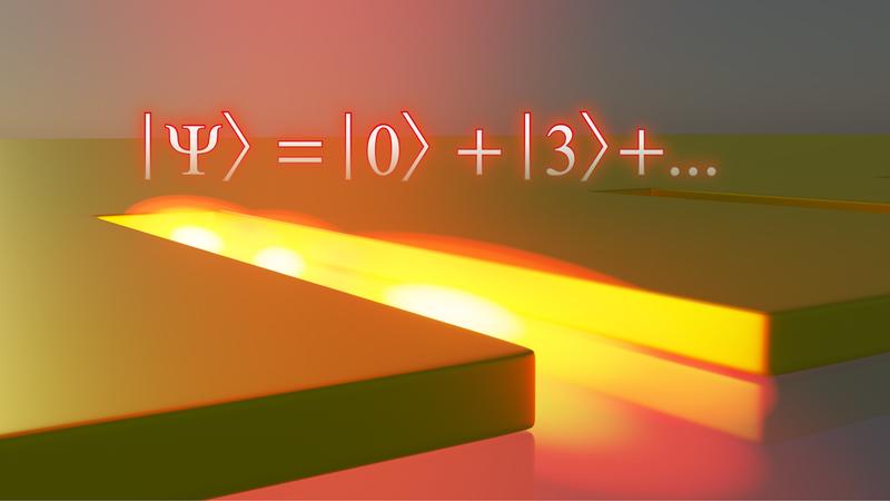 Cartoon der schlitzförmigen Nanostruktur in Gold mit hervorgehobenem Quantenzustand. 