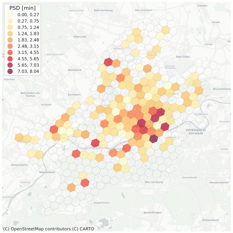 Gemessene mittlere Parkplatzsuchdauer in Frankfurt/Main.