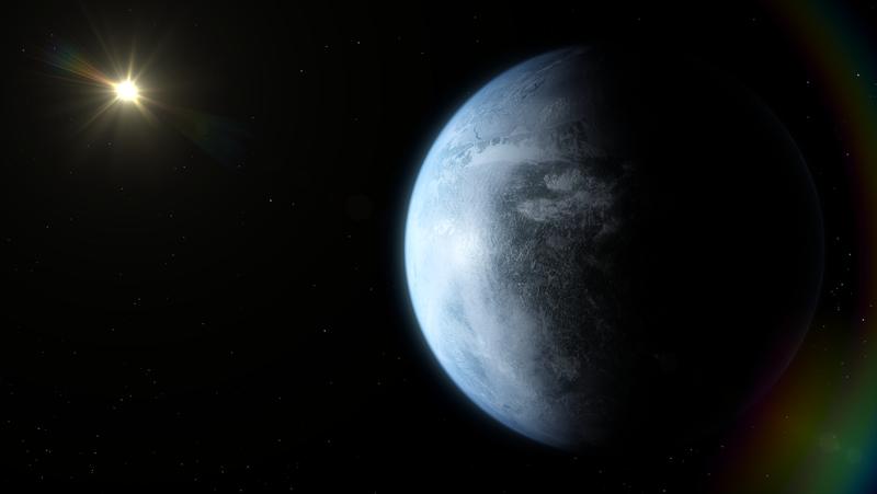 Eine künstlerische Darstellung eines hochauflösenden Bildes eines erdgroßen Planeten im kühlen Bereich der habitable Zone eines nahen M-Zwergs.