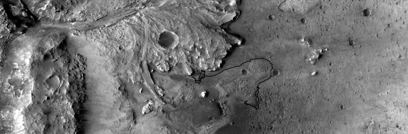 Kartenansicht des Jezero-Kraterdeltas (NASA / MRO / CTX / USGS Astrogeology). In Schwarz die Traverse des NASA Mars2020 Rovers (MASA MMGIS / JPL). 