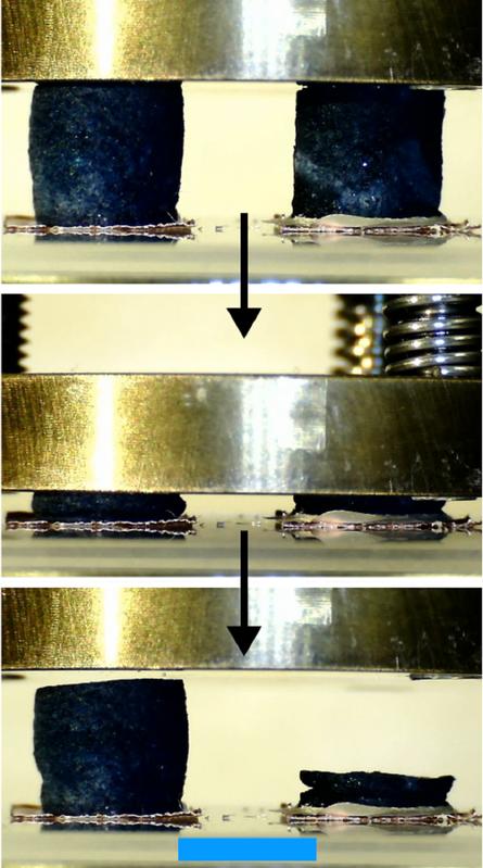 Mechanische Tests machen deutlich, wie leicht das unbeschichtete Material (rechts) dauerhaft verformt wird. Im Vergleich dazu ist das beschichtete Material (links) deutlich elastischer. (Maßstab in blau: 6mm)