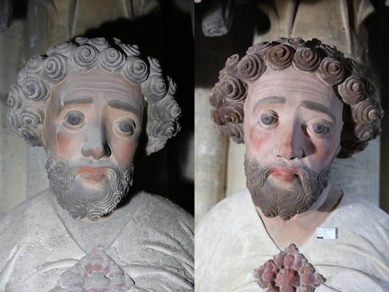 Die Chorskulptur des Apostels Bartholomäus im Halberstädter Dom vor (l.) und nach der Restaurierung mit neuen restauratorischen Methoden und mit Hilfe einer Projekt-Förderung durch die Deutsche Bundesstiftung Umwelt (DBU).