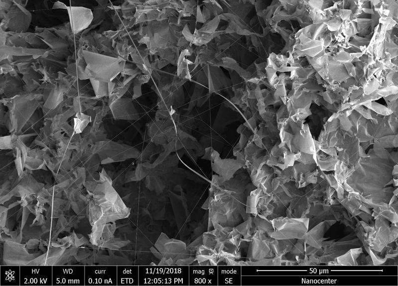 Elektronenmikroskop-Bild von MoS2-Nanomaterial, mit Flocken, Bändern, und Nanoröhren 