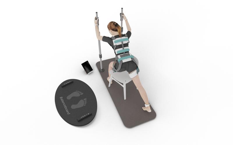Prinzipdarstellung von iScoolio bei einer skoliosespezifischen Übung. Abgebildet sind das Stab-Modul, die Weste mitsamt Sensoren (Wearable-Modul) sowie das Interface- Modul (Tablet mit App) 