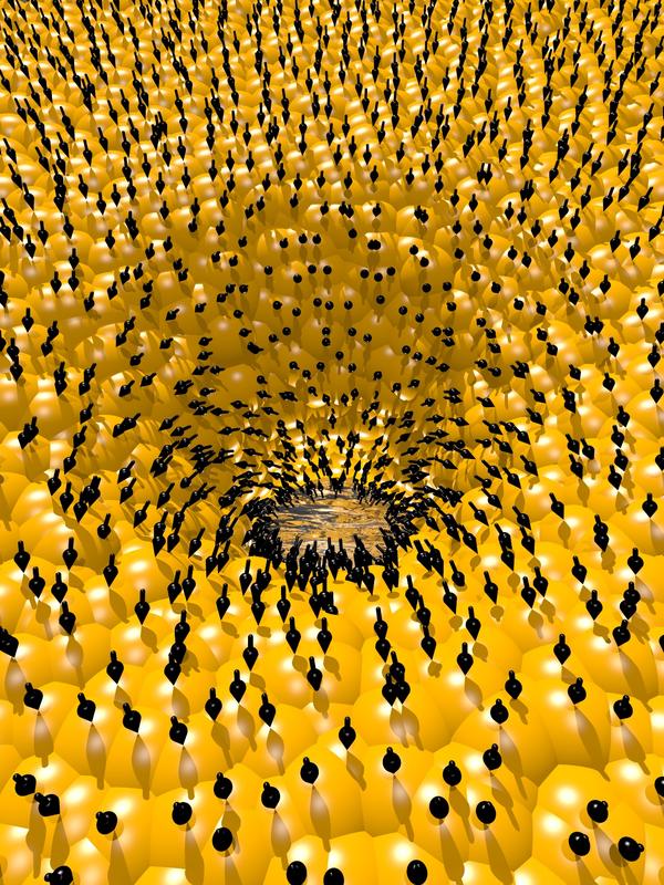Die schwarzen Kegel zeigen im elektrischen Feld orientierte Wassermoleküle an der Grenzfläche zum Lipid.
