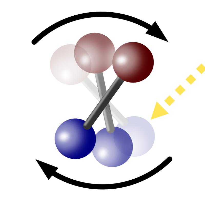Rotierendes zweiatomiges Molekül. Ein aus zwei Atomen bestehendes Molekül wird von Laserlicht (gelb) getroffen, die es um den Mittelpunkt seiner Bindung rotieren lassen. 