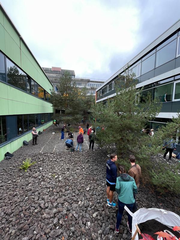   Vorschlag Bildunterschriften: (Fotos:Uni-Mitglieder begrünen im vergangenen Herbst eine Schotterfläche an der Uni Ost