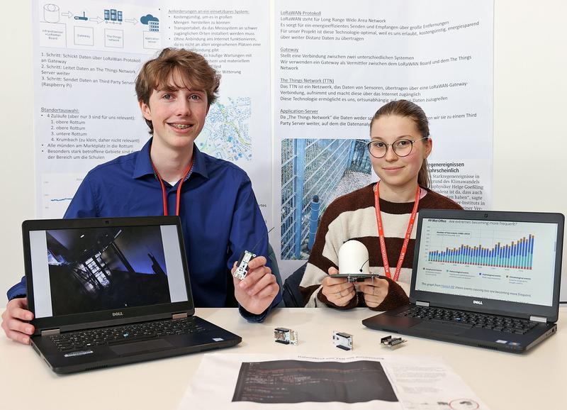 Mit einem „Hochwasserwarnsystem“ haben sich Niklas Ruf und Jana Spiller für den Landeswettbewerb qualifiziert. (Foto: Die Innovationsregion Ulm – Spitze im Süden e.V.)