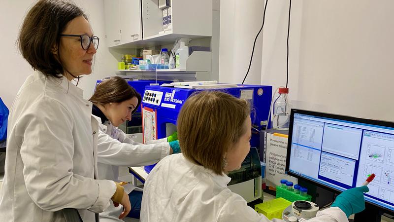 Dr. Marina Lusic, Mona Rheinberger und Dr. Bojana Lucic (von links) untersuchen den viralen Infektionszustand von Zellen mittels fluoreszenzaktivierter Zellsortierung.