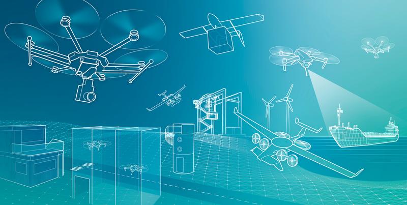 Konzeptgrafik des »Offshore Drohnen Campus Cuxhaven« mit Flugtestflächen, Referenzstrukturen und angeschlossenen Werkstätten sowie direktem Offshore-Flugkorridor. 