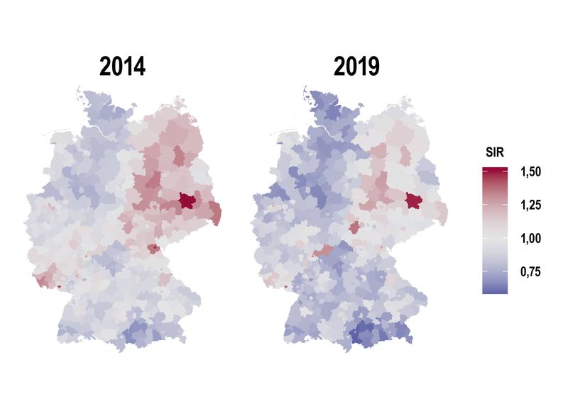 Räumlich-zeitliche Trends im alters- und geschlechtsadjustierten Typ-2-Diabetes-Inzidenzratenverhältnis („standardized incidence ratio“, SIR) in Deutschland zwischen 2014 und 2019. 