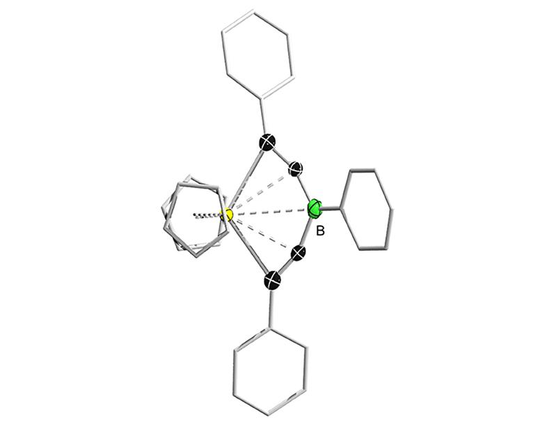 Beispiel für ein Bisalkinylboran (B ist das Bor-Atom), das als Ligand an ein Metallzentrum (gelb) koordiniert ist.