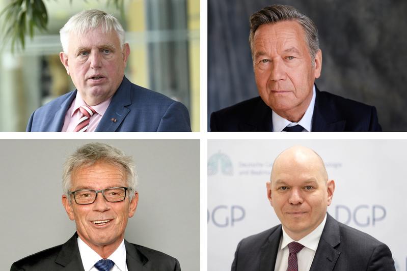 Vor Ort in Düsseldorf dabei (v.l.o.): NRW-Gesundheitsminister Karl-Josef Laumann, Schlagersänger Roland Kaiser, G-BA-Vorsitzender Professor Josef Hecken und DGP-Kongresspräsident Professor Christian Taube.