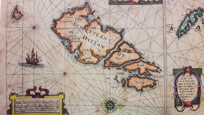 Alte Seekarte der Shetlandinseln, auf der die Bucht "Bremer oder Hamburger Haven" eingezeichnet ist.