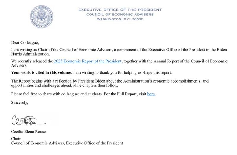 Dankesmail aus dem Weißen Haus, verfasst von der US-amerikanischen Ökonomin Cecilia Elena Rouse, der Vorsitzenden des Council of Economic Advisers.