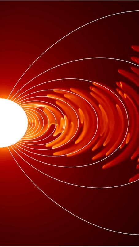 In der Simulation stellen die weißen Linien die Magnetfeldlinien dar, die die Magnetosphäre bilden. Die Magnetpole befinden sich oben und unten. Je heller die Farbe des abgebildeten Gases, desto höher die Dichteverteilung.