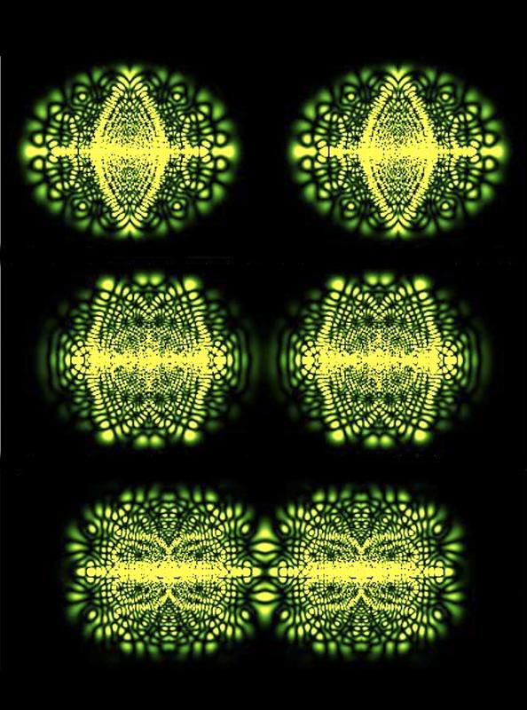 Dieses Muster entstand bei einer Computer-Simulation. Die Forschenden wollten herausfinden, wie groß die Wahrscheinlichkeit ist, ein angeregtes Elektron zu finden, wenn es zwischen zwei positiv geladenen Atomkernen geteilt wird.