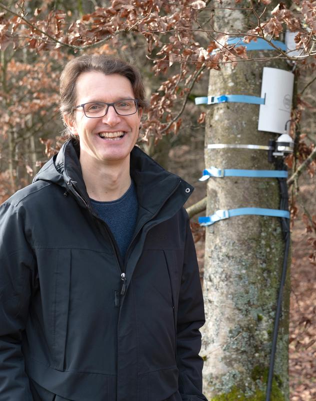 Der neue Leiter des Botanischen Gartens der Uni Ulm, Prof. Steven Jansen, mit dem "Talking Tree", Berti, die Buche 