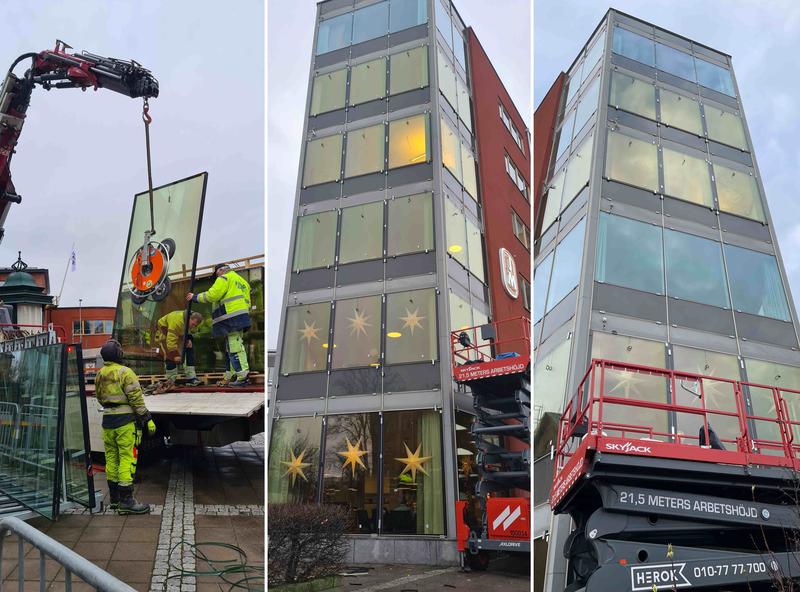 Installation erster Isolierglaseinheiten mit schaltbaren, elektrochromen Schichten im Dezember 2022 in Uppsala, Schweden