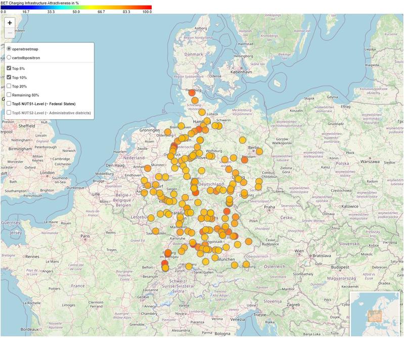 Interaktive Karte möglicher Orte für öffentliche Ladeinfrastruktur für batterie-elektrische Lkw in Deutschland