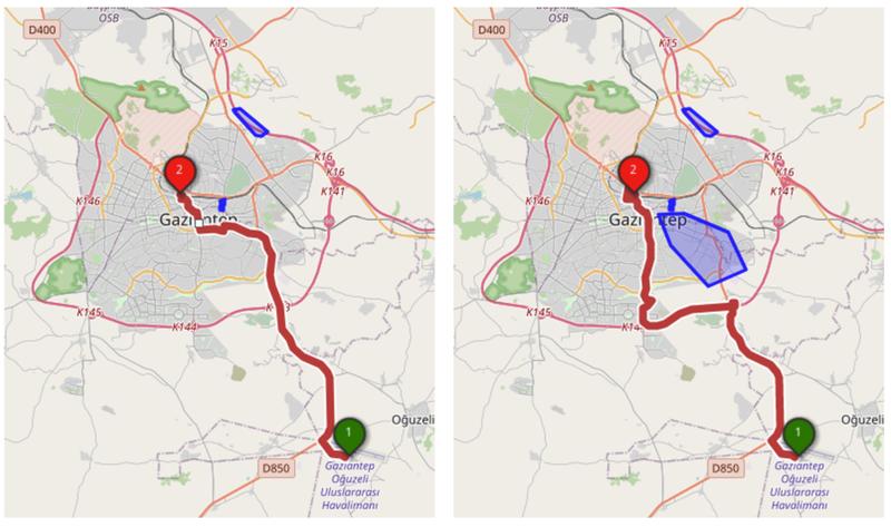 Das Disaster Portal berücksichtigt für die Berechnung der kürzesten Route automatisch nicht-befahrbare Gebiete (blau) und findet de schnellste alternative Route.