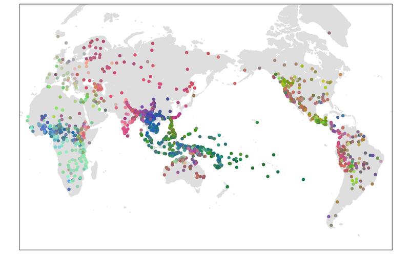 Grammatikalische Ähnlichkeit von Sprachen in den Grambank-Daten. Eine Ähnlichkeit hinsichtlich der Farbe bedeutet eine Ähnlichkeit in der grammatikalischen Struktur.