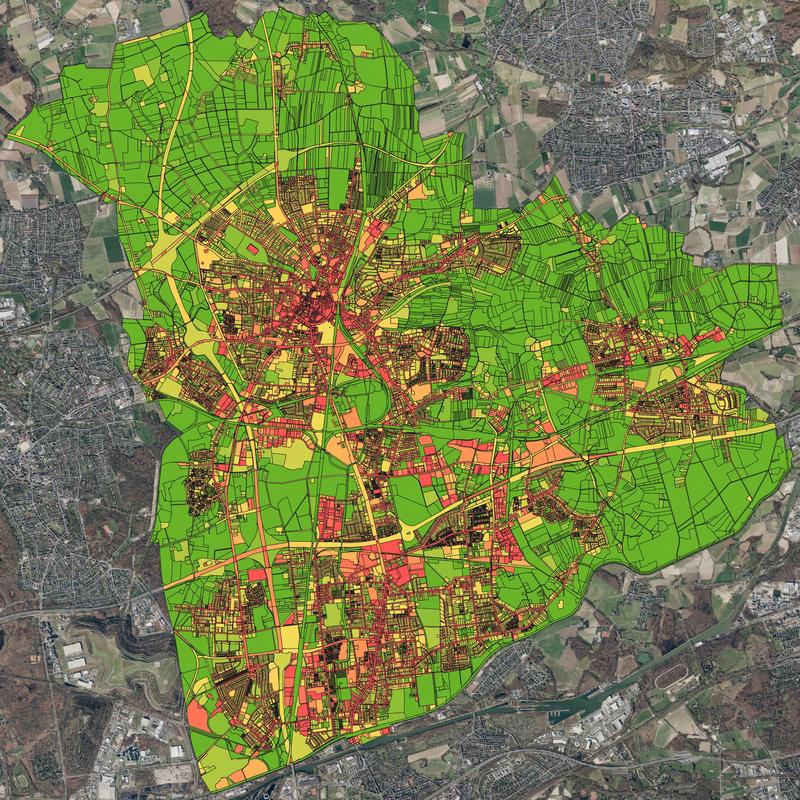 Aggregation der versiegelten Flächen auf Flurstücke der Stadt Recklinghausen (Einfärbung des Versiegelungsgrades)