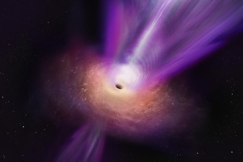 Die künstlerische Darstellung zeigt eine Nahaufnahme des Akkretionsstroms und des Jets, der aus der Region des Schwarzen Lochs in Messier 87 austritt.   