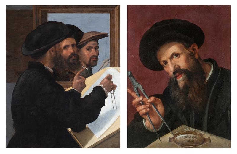 Links: Bernardino Licinios Porträt von Sebastiano Serlio (um 1530). Rechts: Für sein Serlio-Porträt (um 1570) orientierte sich Bartolomeo Passerotti wahrscheinlich am Gemälde Licinios.