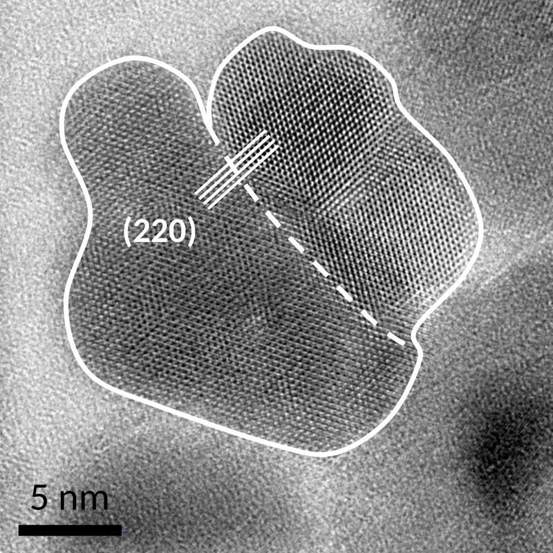 High-resolution transmission electron microscopy image of an iron oxide nanoparticle consisting of two cores. The outer boundaries of the individual cores and their interface are indicated by a solid line and by a dashed line, respectively.