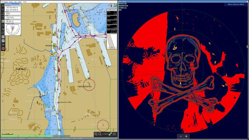 Manipulation des Radarbilds durch das Bridge Attack Tool (BRAT) in einem Simulationsszenario in Rostock-Warnemünde.