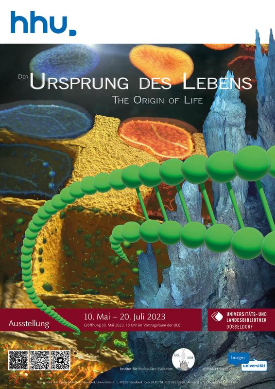 Plakat zur Ausstellung „Der Ursprung des Lebens“ in der ULB. Die Ausstellung findet vom 10. Mai bis zum 20. Juli statt. 