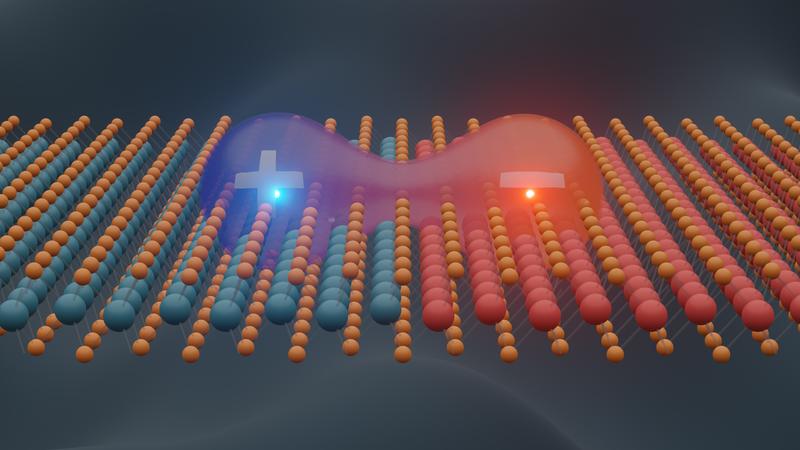 In einer lateralen Heterostruktur überspannt ein Elektron-Loch-Paar die Grenze zwischen den zusammengefügten TMD-Halbleiterflächen.