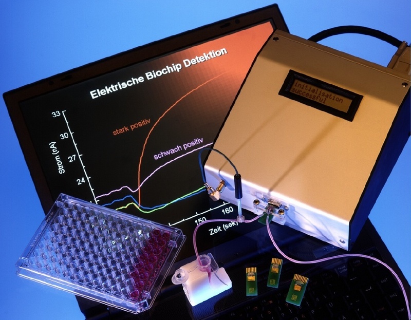 Das portable Messgerät zum Nachweis biochemischer Substanzen wie Biokampfstoffe wurde am Fraunhofer ISIT entwickelt. Vermarktet werden solche Geräte von der Firma eBiochip Systems GmbH, einem Spin-off des Instituts. ©Fraunhofer ISIT