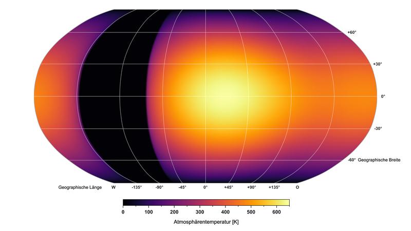 Temperaturkarte des Exoplaneten GJ 1214 b, die durch die gemessene Infrarotstrahlung gewonnen wurde. Die Karte zeigt eine Projektion der gesamten Oberfläche.