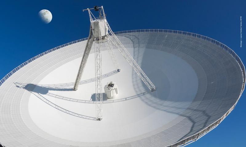 Das 100-m-Radioteleskop bei Effelsberg in der Eifel, mit dem das von der Mondoberfläche reflektierte Sendesignal aufgefangen wird. 