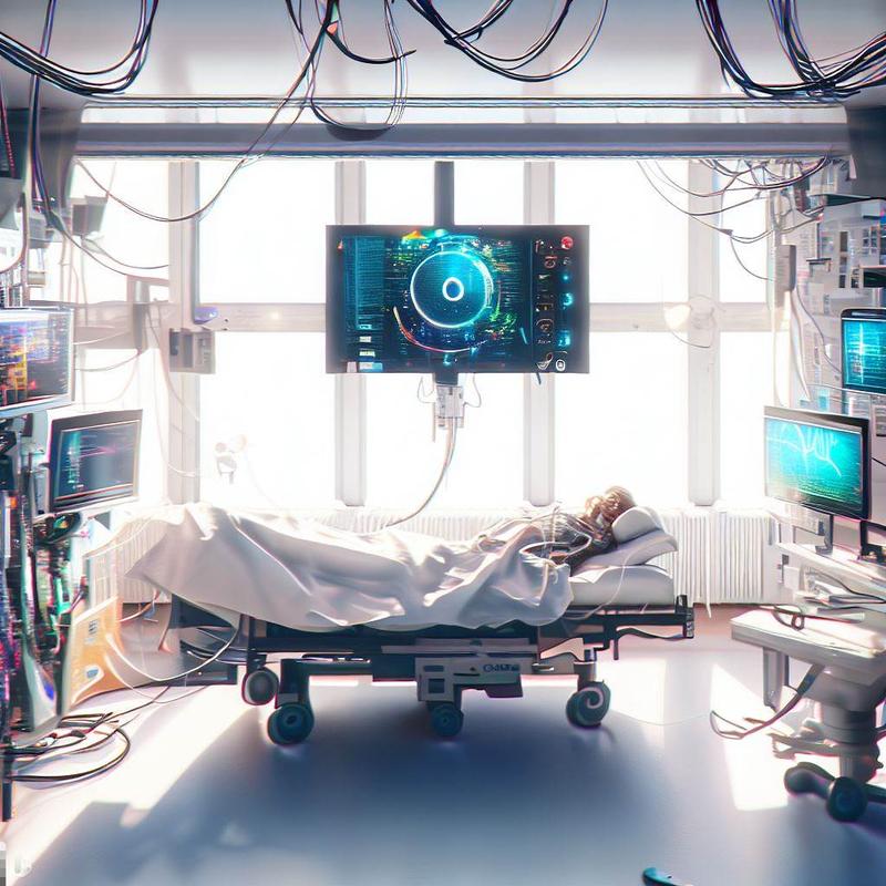 AI-generiertes Bild einer AI, die in der Intensivstation über einen Patienten wacht.
