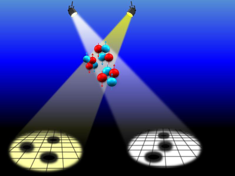 The neutrons and protons are present in the carbon nucleus as three clusters of four. Depending on the energy state of the nucleus, these can be arranged into an equilateral triangle (left) or like a slightly bent arm (right). 
