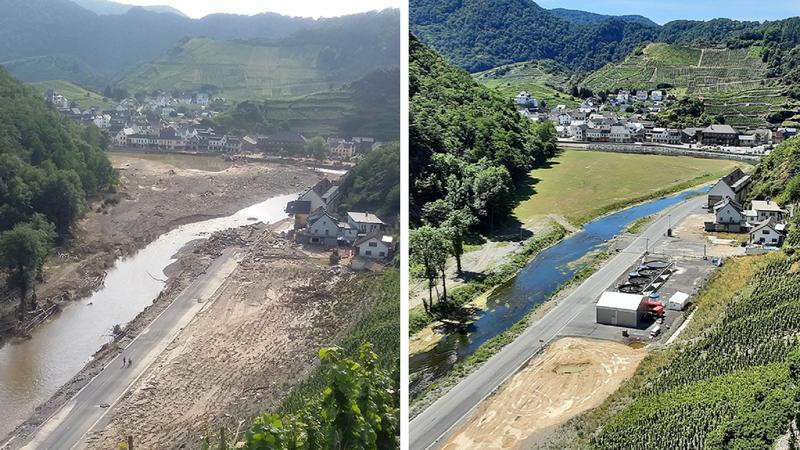 Die Ahr bei Mayschoß, aufgenommen unmittelbar nach der Flutkatastrophe im Juli 2021 (Bild links) und ein Jahr später.