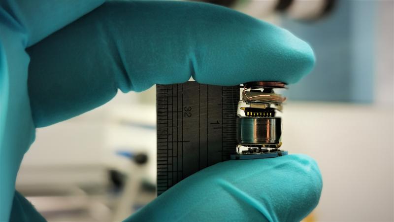 The core of the spectroscopy capsule contains the system-in-package, a flexible circuit board, and a ceramic pcb