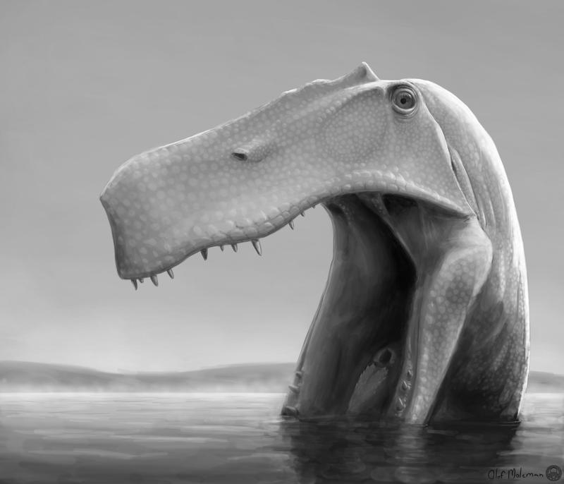 Brasilien in der frühen Kreidezeit, vor 115 Millionen Jahren: Der Raubdinosaurier Irritator challengeri jagt mit gespreiztem Unterkiefer in einem flachen See kleine Beutetiere, darunter auch Fische.