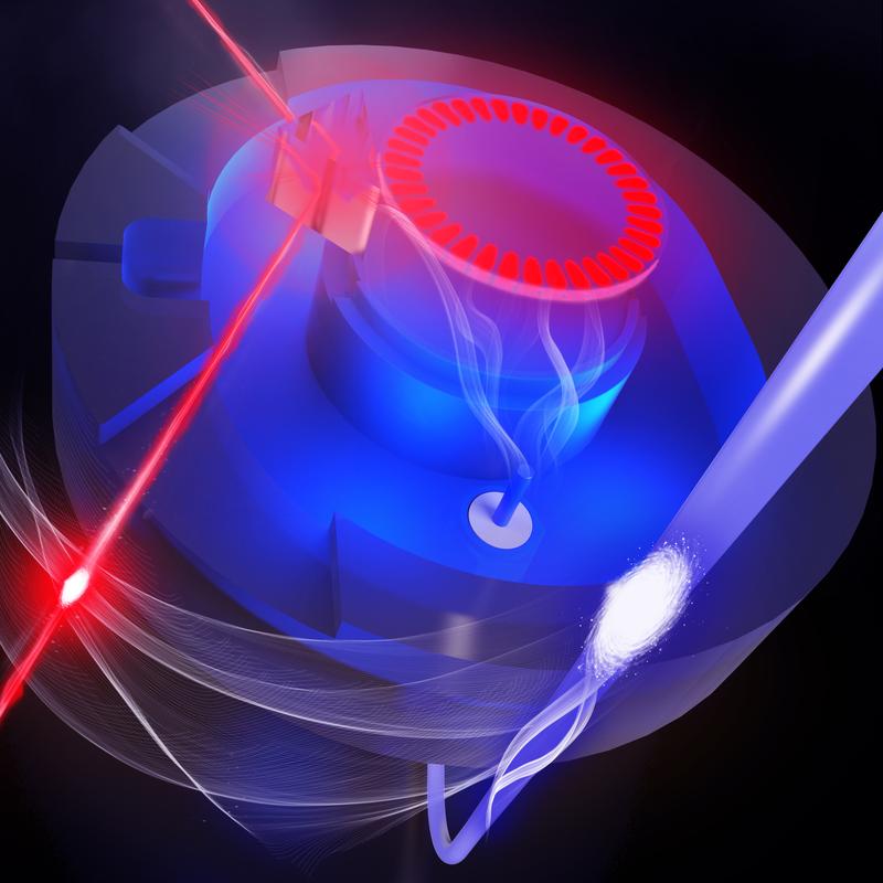 Künstlerische Darstellung des Experiments mit dem Strahl optischer Photonen (rot) und den erzeugten Mikrowellenphotonen (blau).