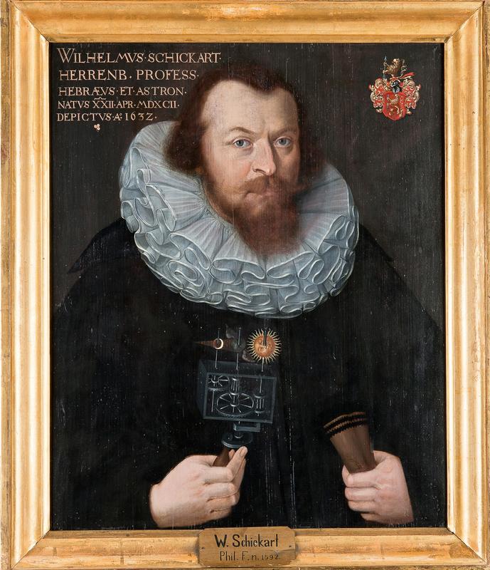 Portrait of Wilhelm Schickard from 1632. In his right hand he holds the hand-held planetarium he invented, in his left, a conical map of the moon’s orbit