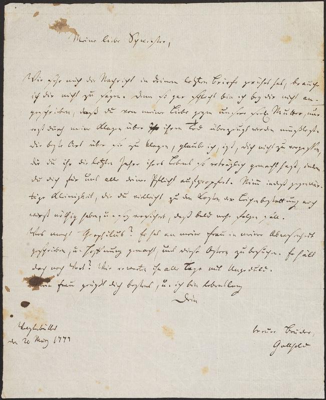Lessing schreibt am 20. März 1777 an seine Schwester 