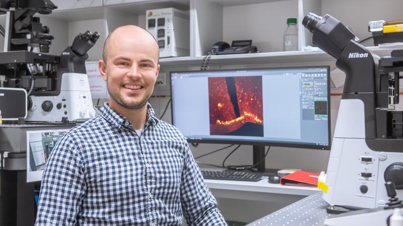 Dr. Ferdinand Althammer, Leiter der neuen Emmy-Noether-Gruppe, Institut für Humangenetik, im „Nikon Imaging Center“ am BioQuant, dem interdisziplinären Forschungszentrum für Quantitative Analysen molekularer und zellulärer Systeme, Universität Heidelberg.