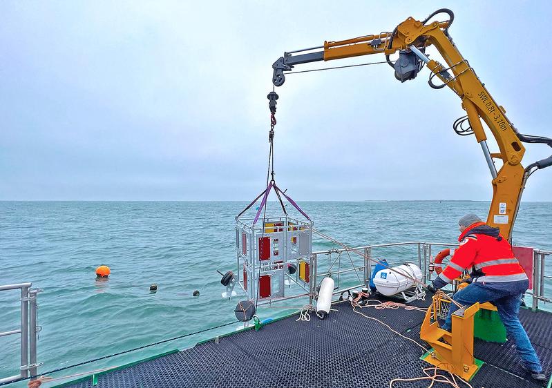 Ausbringung des Unterwasser-Landers vor der Insel Helgoland. 