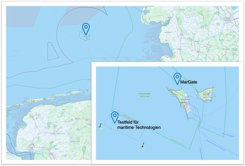 Standorte des Testfelds für maritime Technologien des Fraunhofer IFAM und »MarGate« vom AWI Zentrum für wissenschaftliches Tauchen, beide bei Helgoland. 