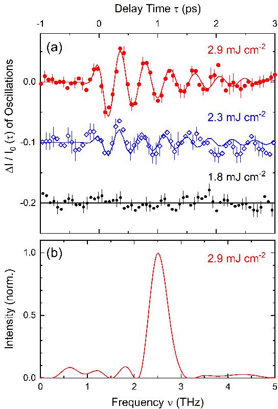 Fig. 2. (a) Kohärente Phononenschwingungen mit einer Frequenz (2,6 THz) , beobachtet in Experimenten mit optischen Anregungsimpulsen und Abtastung durch Femtosekunden-Röntgenbeugung. Die Anregungsdichten der Pulse im mittleren Infrarotbereich (Wellenlänge