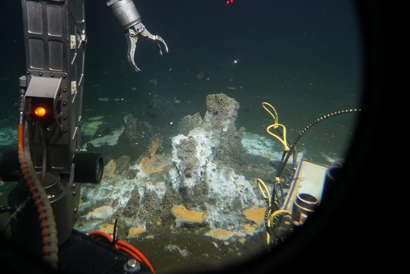 Das US-amerikanische Tiefsee-Tauchboot ALVIN beleuchtet ein rotbraunes Massiv im Guaymas-Becken. Rund um die hydrothermalen Sedimente mit weißen und orangen Bakterien-Matten wurden die Kerne genommen, aus denen die untersuchten Archaeen stammen.